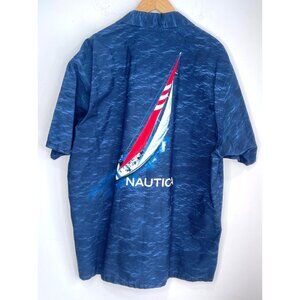 Vtg 80s Nautica Short Sleeve Shirt Sailing Sailboat Button Up Hong Kong L